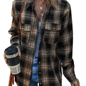 Multicolour Retro Plaid Double Flap Pocket Brushed Shacket for Women - Main View