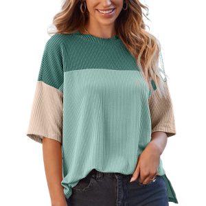 Mint Green Color Block Ribbed Half Sleeve Top with Side Slits - Main View