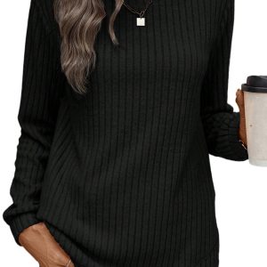 Women's Black Ribbed Knit Top – Casual Long Sleeve Round Neck for Everyday Style - Main View