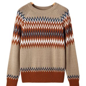 Women's Khaki Aztec Print Colorblock Crew Neck Sweater - Casual Fall Fashion - Main View