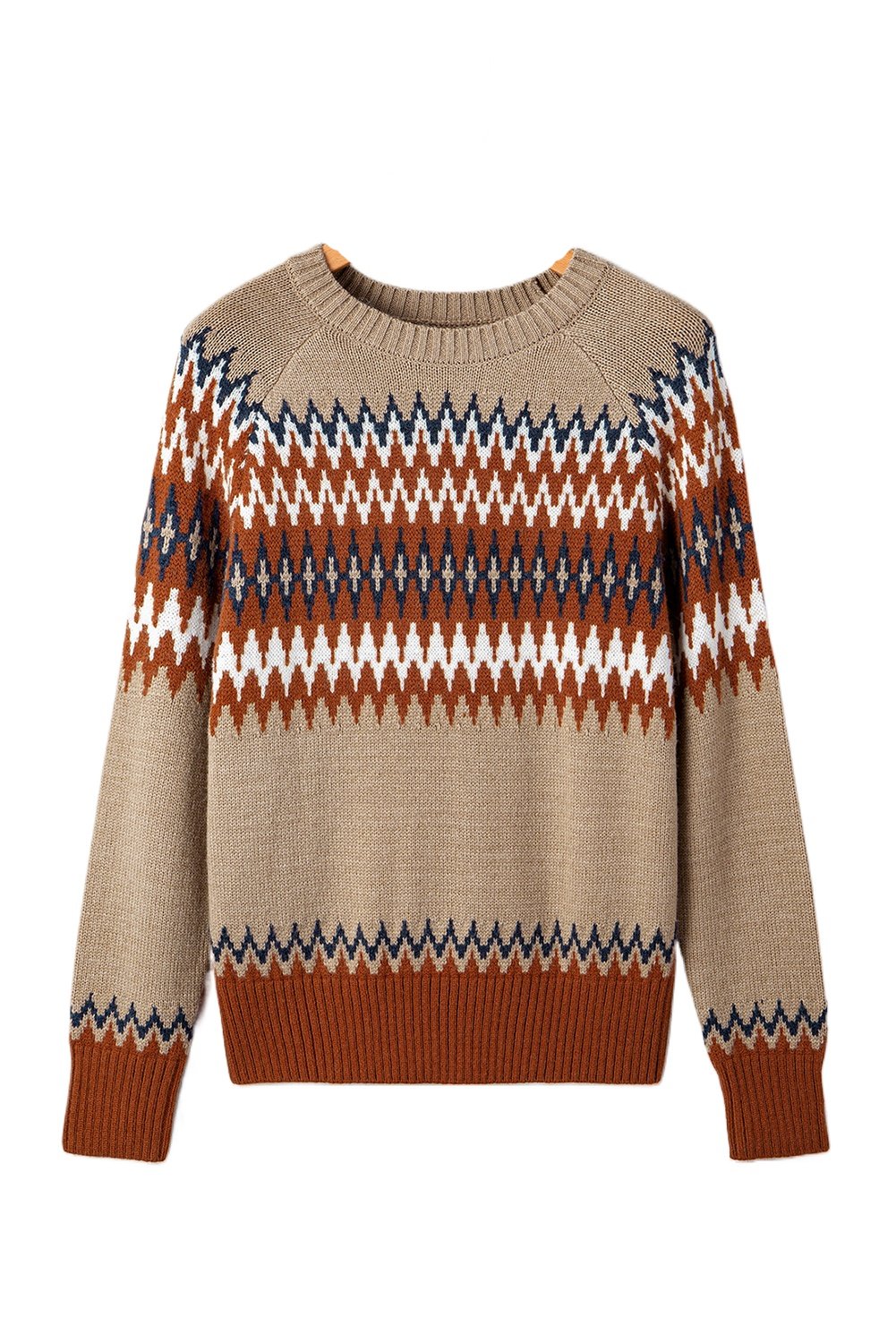Women's Khaki Aztec Print Colorblock Crew Neck Sweater - Casual Fall Fashion - Main View