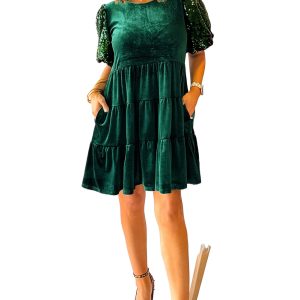 Elegant Evergreen Sequin Puff Sleeve High Waist Tiered Velvet Mini Dress - Main View