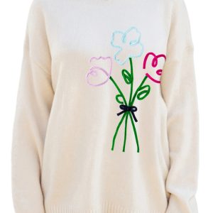 Women's White Embroidered Flower Bouquet Ribbed Trim Loose Sweater - Main View