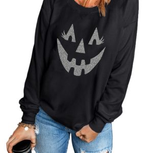 Women's Black Spooky Face Printed Halloween Baggy Sweatshirt - Casual Long Sleeve - Main View