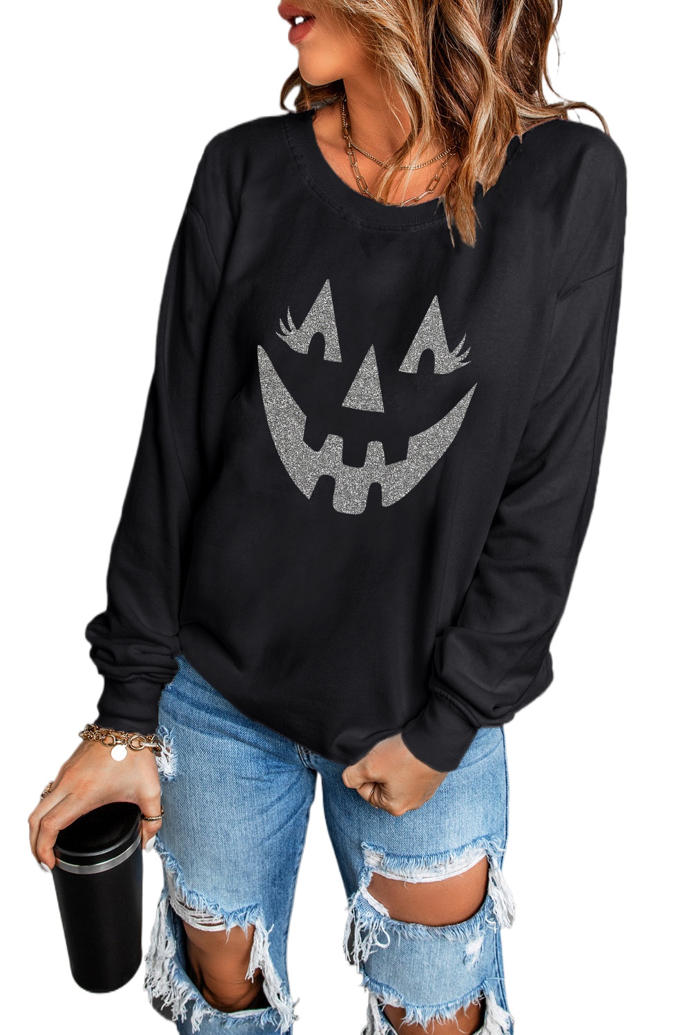 Women's Black Spooky Face Printed Halloween Baggy Sweatshirt - Casual Long Sleeve - Main View