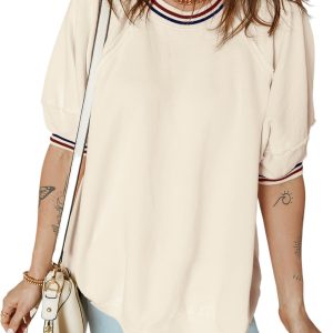 Casual Women's Beige Contrast Tunic Top – Short Sleeve with Varsity Striped Neckline