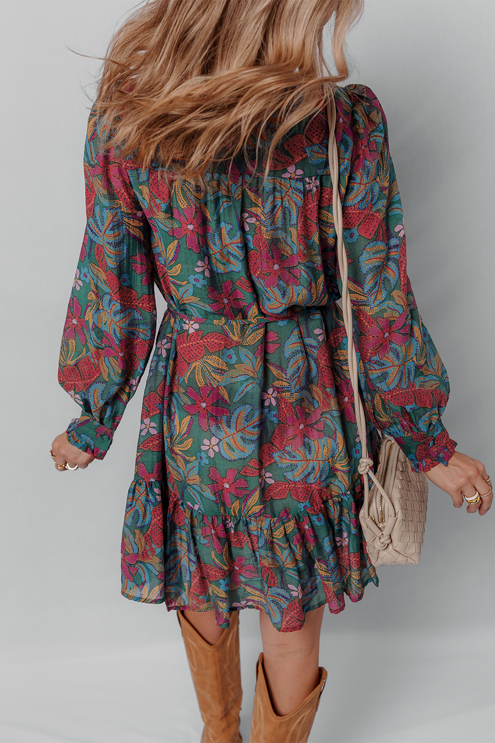 Women's Dress, Green Floral, Frilled V Neck, Puff Sleeve, Ruffled Shirt Dress, Mini Dress, Casual Style, Daily Wear, A-Line Silhouette, High Waist, Trendy Look, Floral Pattern, Elegant Design, Charming Feminine Touch, Spring Fashion - Detail View 8