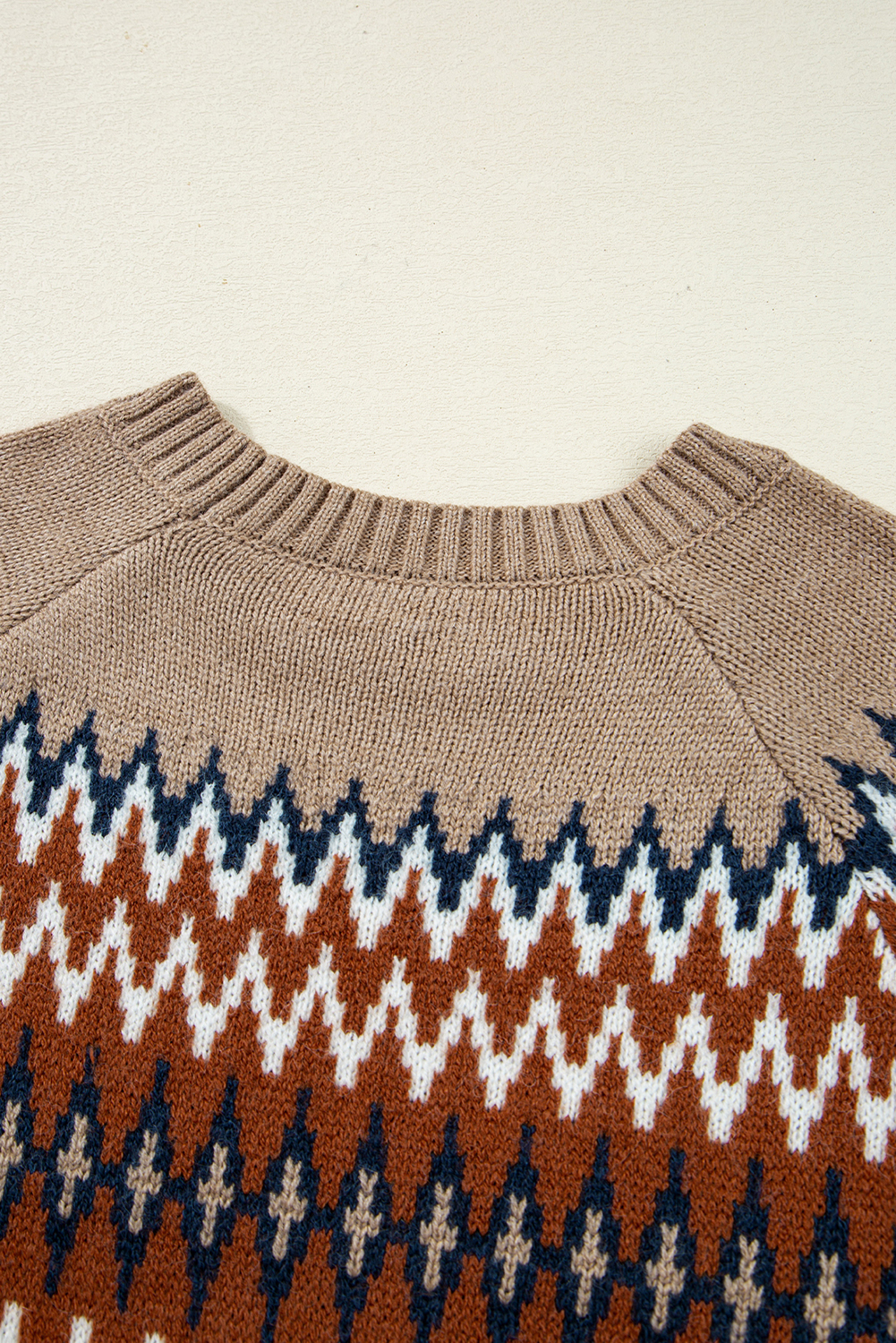 Women's Sweater, Khaki Colorblock, Aztec Print, Crew Neck, Long Sleeve, Casual Style, Fall Fashion, Daily Wear, Western Pattern, Comfortable Knitwear, Trendy Design - Detail View 8