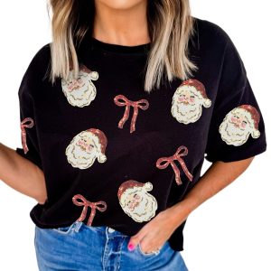 Women's Black Sequin Santa Claus Bow Patch T-Shirt – Casual Christmas Daily Wear