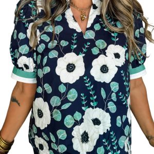 Women's Blue Floral Patchwork Blouse – Casual V Neck Short Sleeve Top for Summer Days