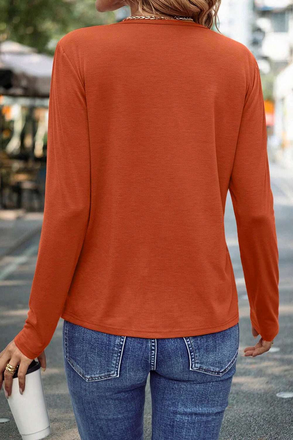 Stylish and Comfortable Long Sleeve Top with Asymmetric Seam Design in Red Clay - Detail View 2