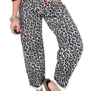 Women's Black Leopard Print Barrel Jeans – Trendy High Waist Casual Wear for Fall