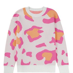 Sachet Pink Leopard Print Drop Shoulder Sweater – Cozy Casual Style for Women - Main View