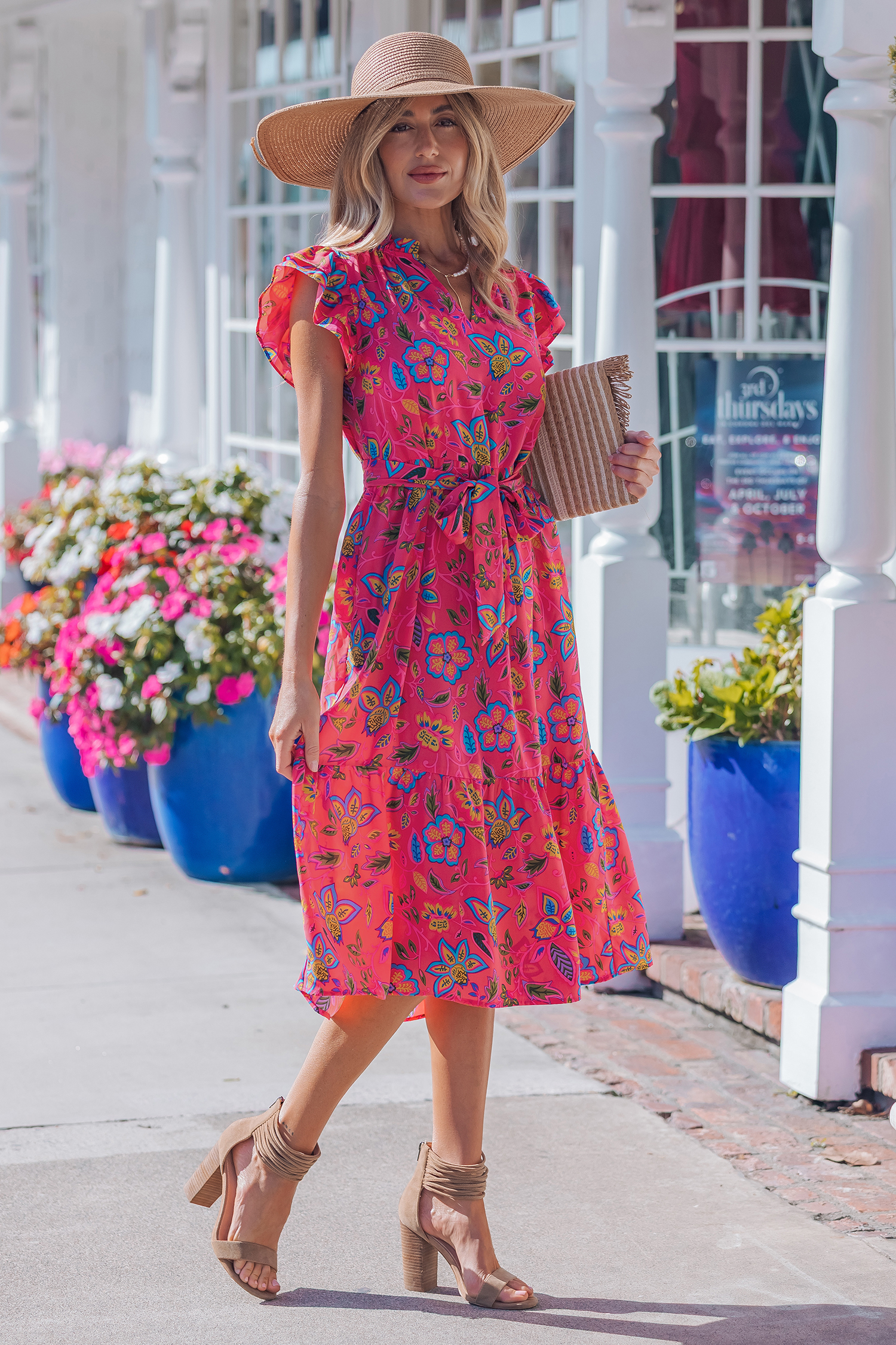 Women's High Waist Floral Midi Dress – Short Sleeve Ruffle Hem Dress for Daily Wear - Detail View 15