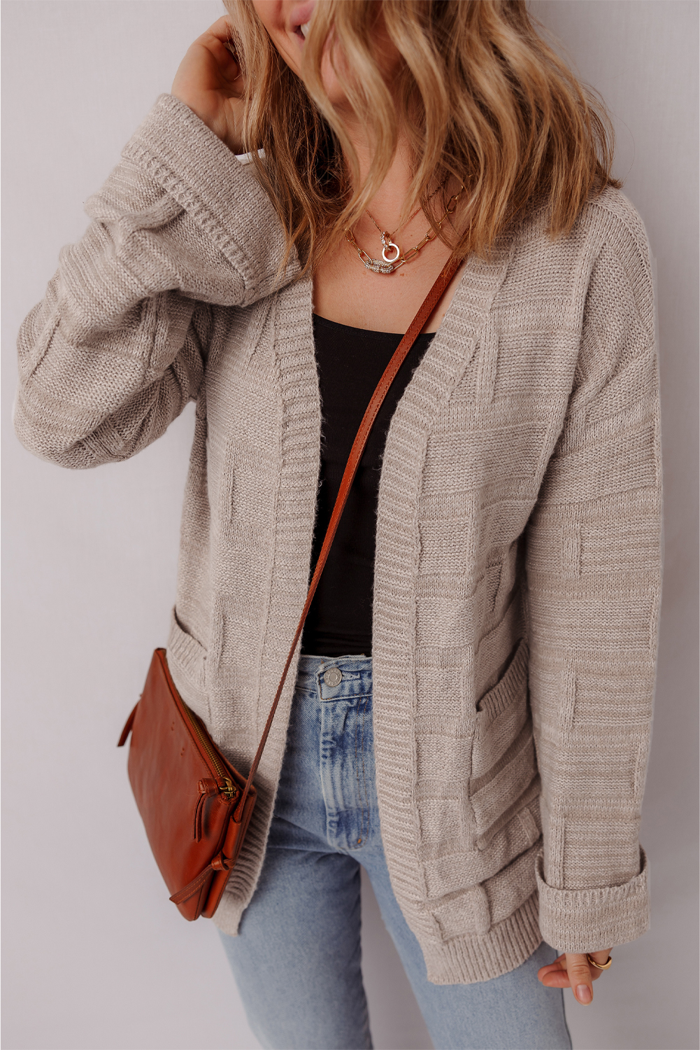 Chic Delicacy Textured Knit Open Front Cardigan with Pockets - Oversized Comfort - Detail View 5