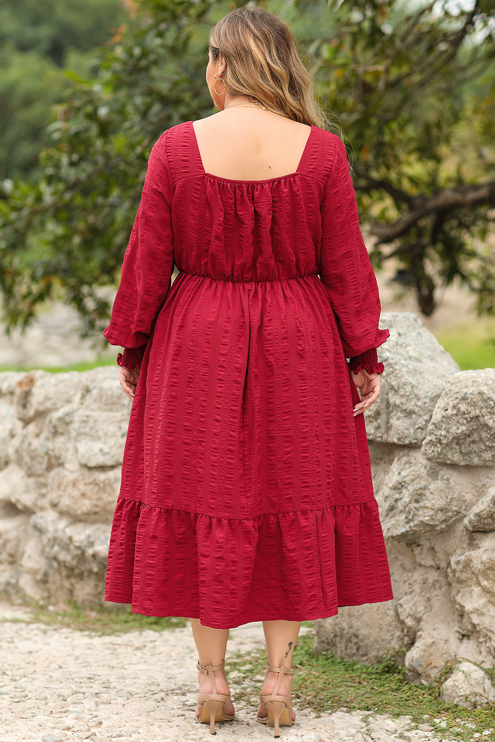 Elegant Long Sleeve Fiery Red Midi Dress - Plus Size with Drawstring Details - Detail View 2