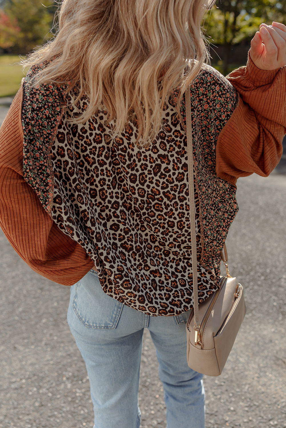 Stylish Long Sleeve Brown Pullover with Leopard and Floral Print - Perfect for Fall - Detail View 2