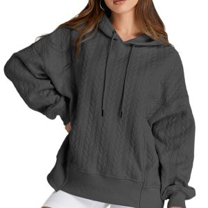 Women's Gray Cable Textured Baggy Solid Hoodie - Casual Long Sleeve Pullover - Main View