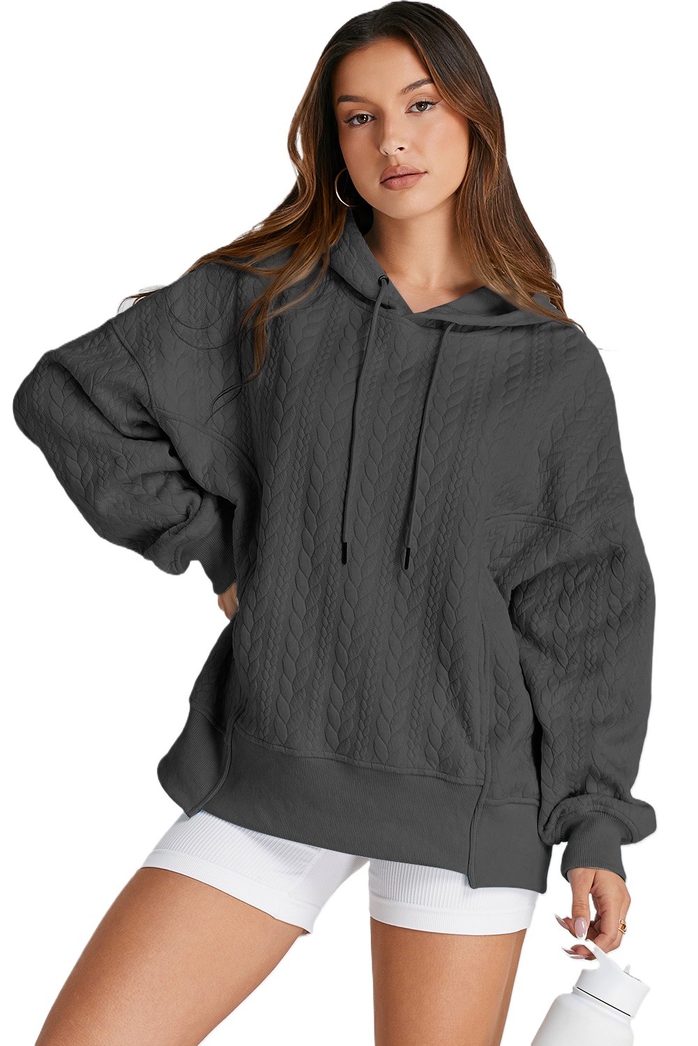 Women's Gray Cable Textured Baggy Solid Hoodie - Casual Long Sleeve Pullover - Main View