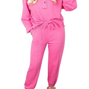 Bright Pink Raw Edge Half Buttons Pullover and Jogger Pants Set for Women - Main View