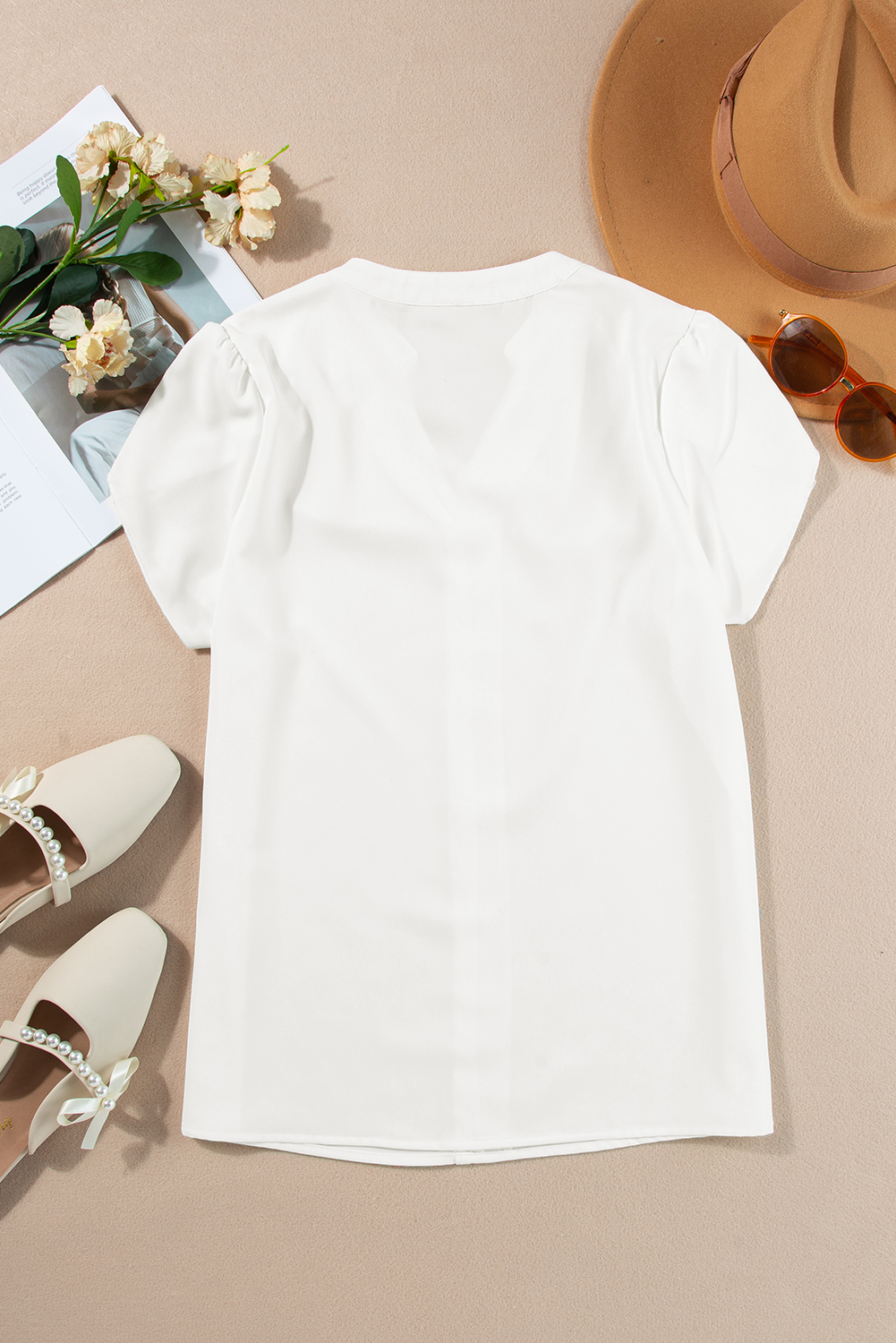 Women's White Silky Notched Neckline Petal Sleeve Blouse for Summer - Detail View 13