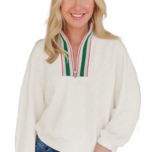 Women's Beige Baggy Sweatshirt with Rhombus Texture – Casual V Neck Winter Style - Main View