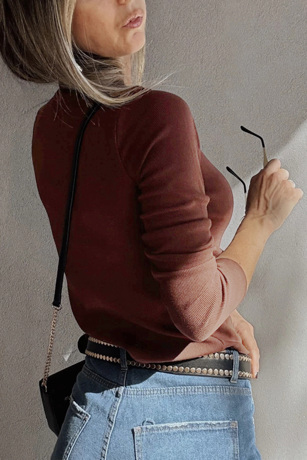 Stylish Burgundy Sheath Top with Square Neck and Long Sleeves - Perfect for Fall & Autumn - Detail View 2