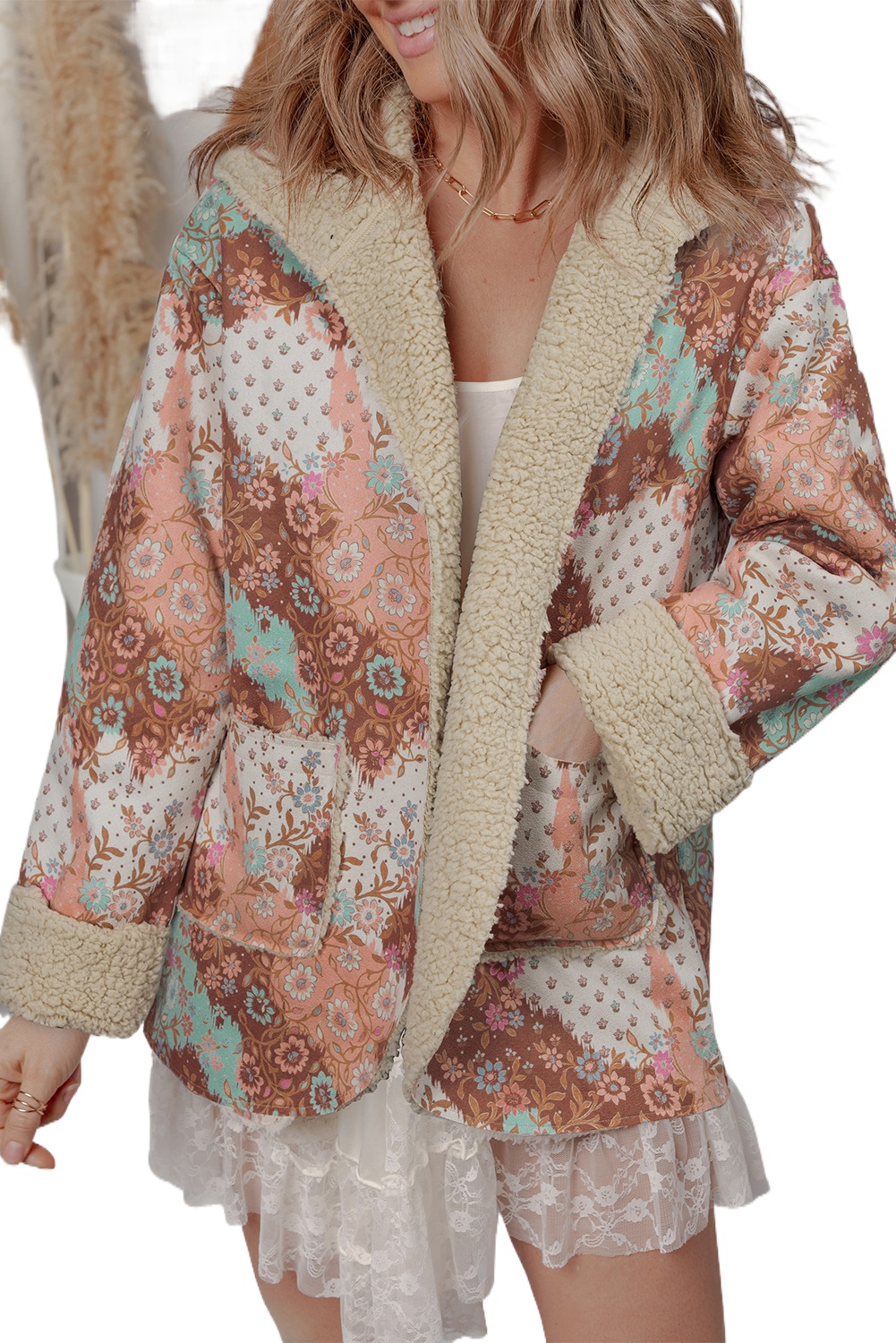 Stylish Women's Khaki Hooded Jacket with Floral Print and Sherpa Lining - Detail View 2