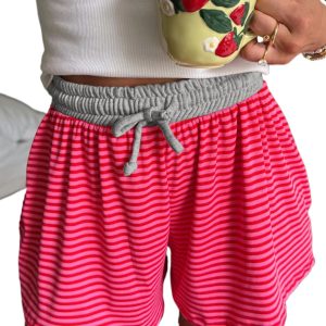 Women's Rose Stripe Casual Ribbed Shorts – Comfortable Elastic Waist for Daily Wear