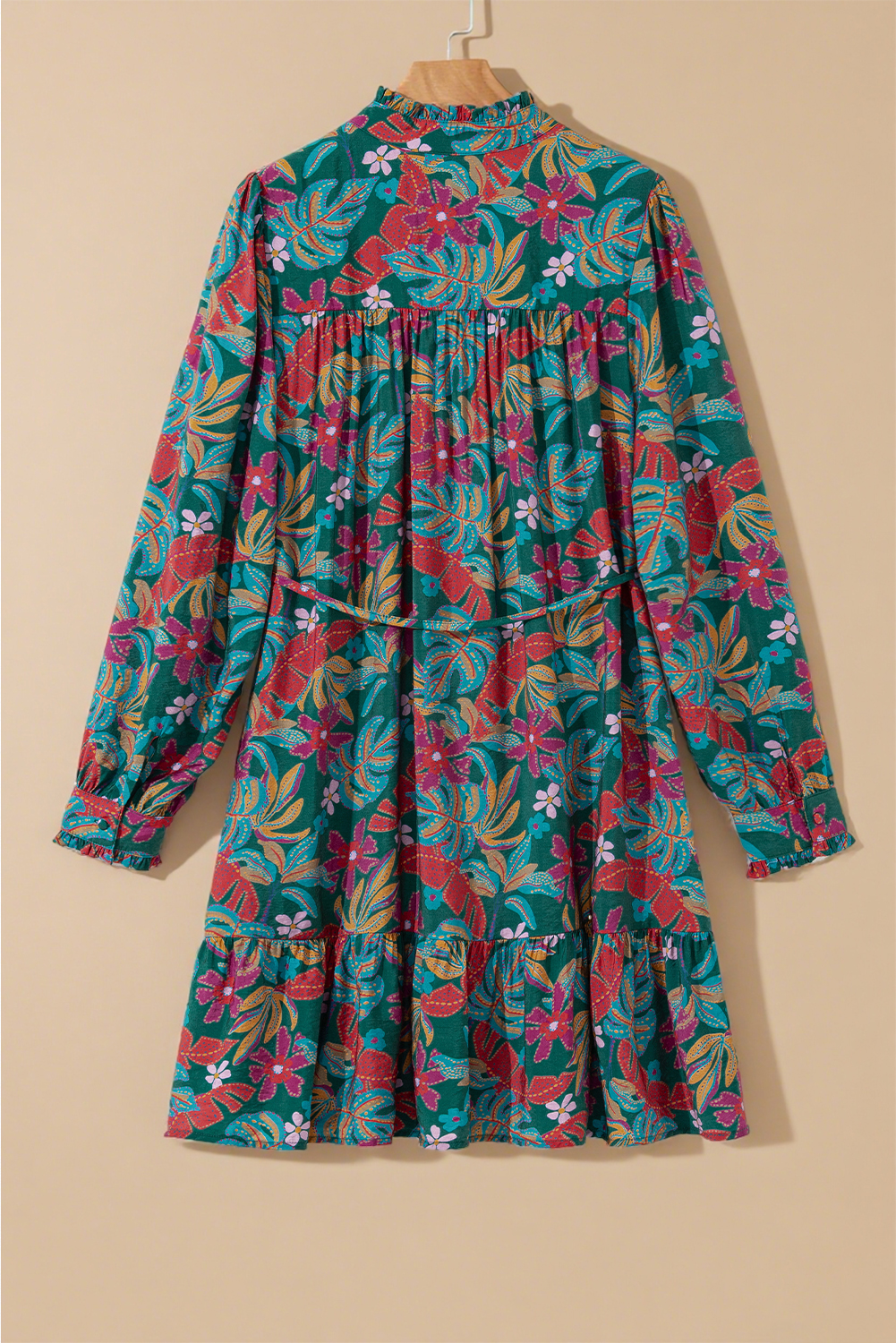 Charming Women's Green Floral Dress with Puff Sleeves and Ruffled Detailing - Detail View 10