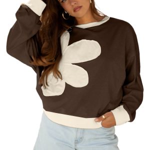 Women's Coffee Floral Drop Shoulder Casual Top – Effortless Style for Daily Outings - Main View