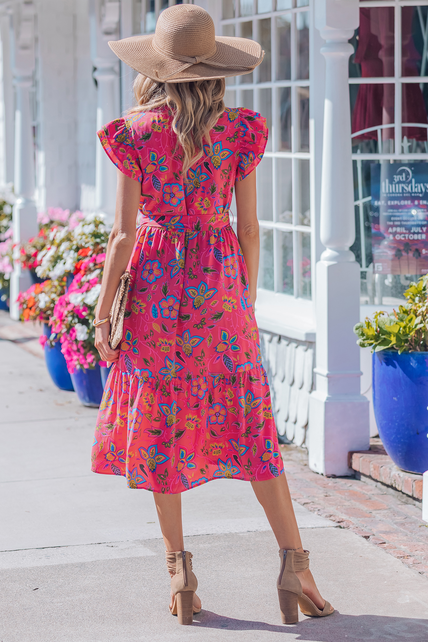 Women's High Waist Floral Midi Dress – Short Sleeve Ruffle Hem Dress for Daily Wear - Detail View 3