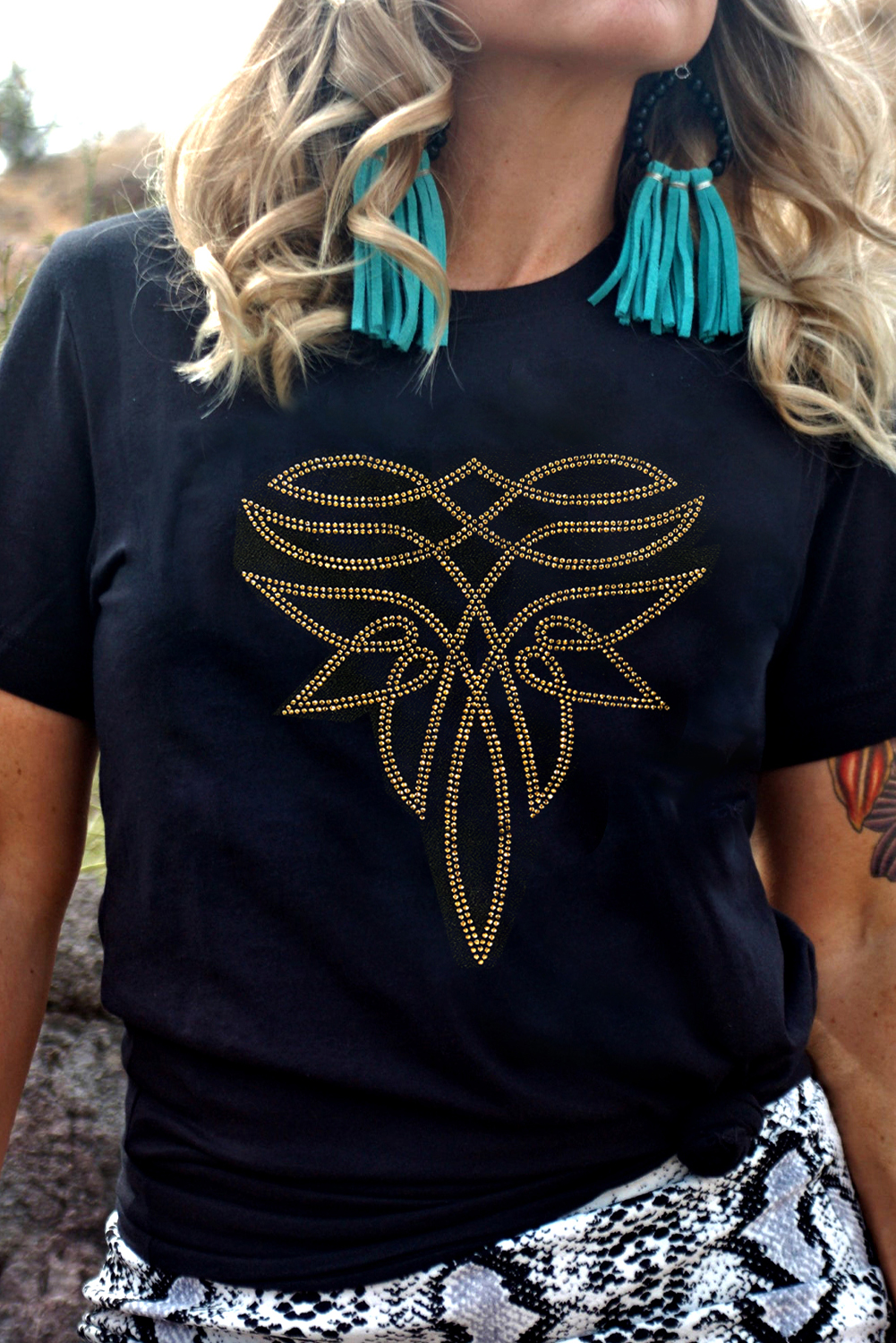 Women's Black Rhinestone Western Pattern Graphic T-Shirt - Casual Crew Neck Tee - Detail View 5