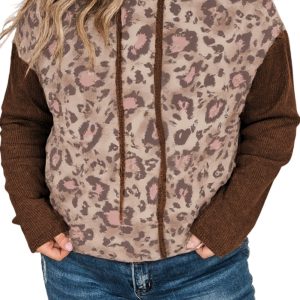 Women's Brown Leopard Print Knit Patchwork Hoodie – Casual Fall Essential for Daily Wear - Main View