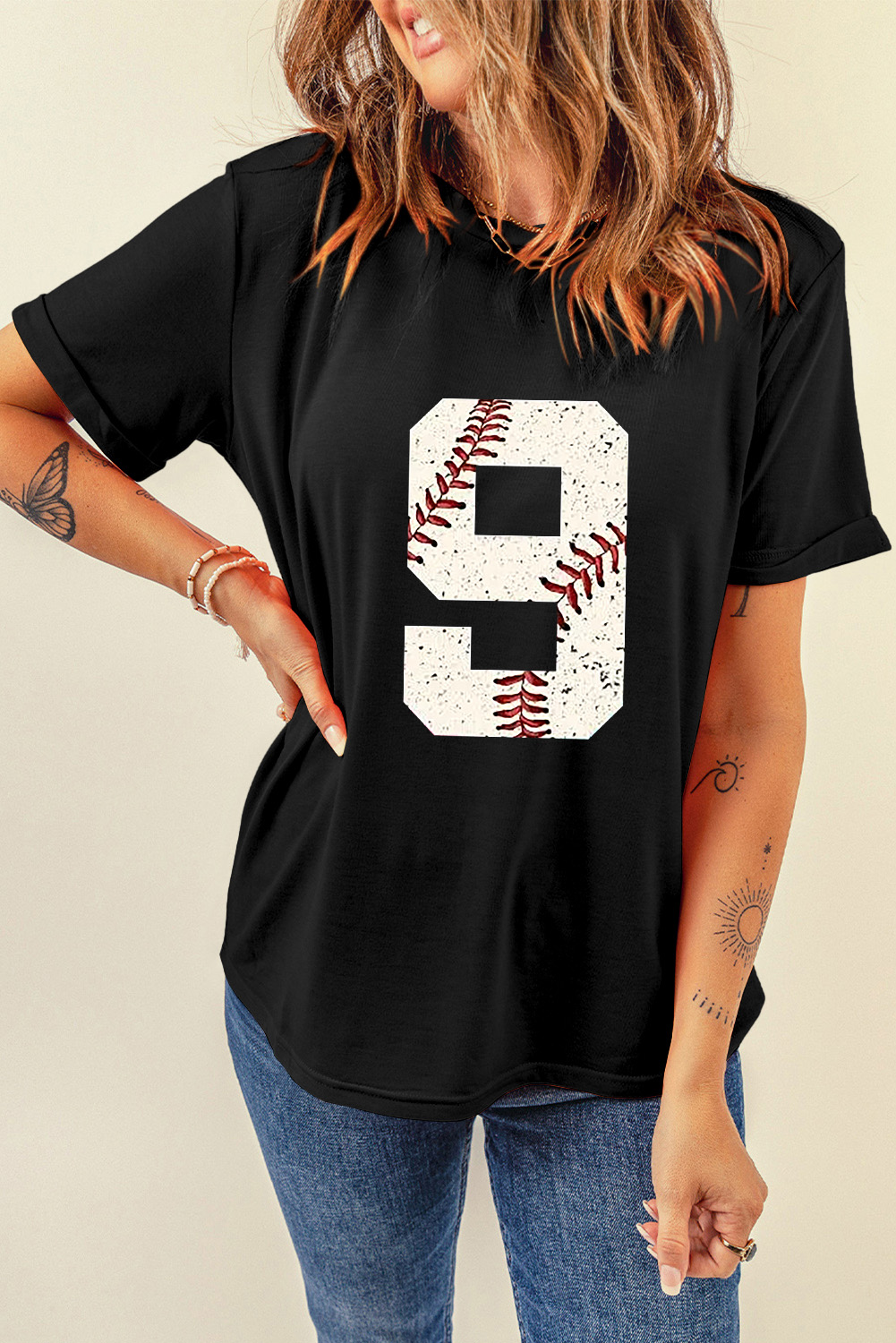 Men's T-Shirt, Oversized Tee, Black, Distressed Design, Baseball Pattern, Number 9 Print, Casual Style, Short Sleeve, Daily Wear, Summer Fashion, Comfortable Fit, Trendy Shirt - Detail View 8