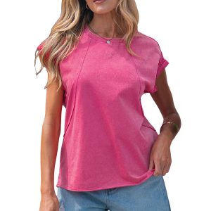 Women's Pink Mineral Wash Cap Sleeve Top – Lace Trim and Raw Seam Detail, Casual Cotton Shirt - Main View