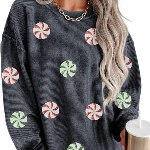Women's Gray Christmas Sequin Graphic Sweatshirt – Cozy Corded Design for Festive Daily Wear - Main View