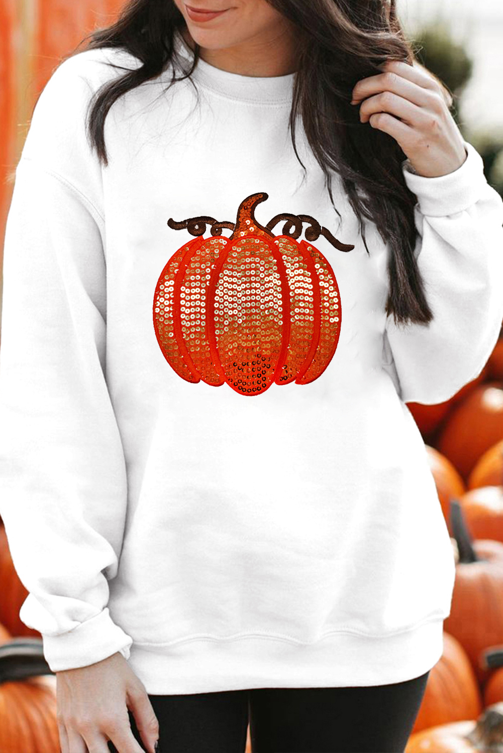 Cozy and Festive White Pullover with Sequin Pumpkin Design for Thanksgiving and Halloween - Detail View 2