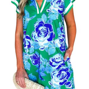 Bright Green Contrast Floral Print Shift Dress with Collared V Neckline and Ruffled Cap Sleeves - Main View