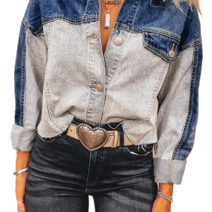 Women's Dusk Blue Color Block Patchwork Distressed Denim Jacket with Flap Detail - Main View