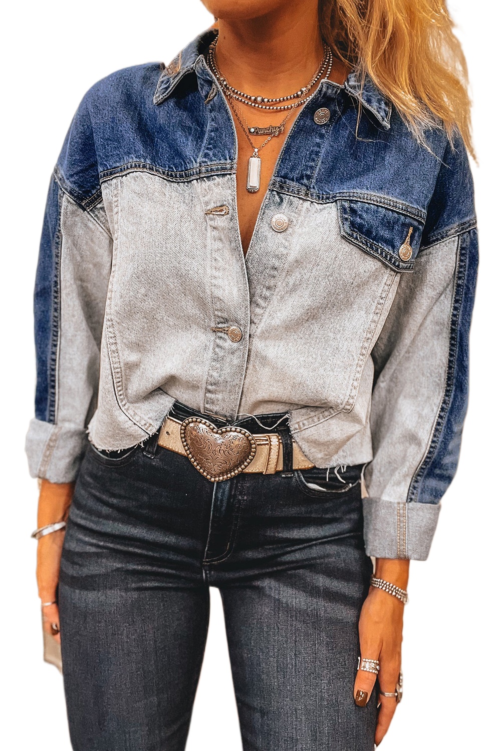 Women's Dusk Blue Color Block Patchwork Distressed Denim Jacket with Flap Detail - Main View