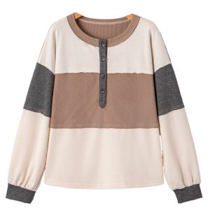 Women's Jet Stream Color Block Waffled Patchwork Loose Henley Top - Main View