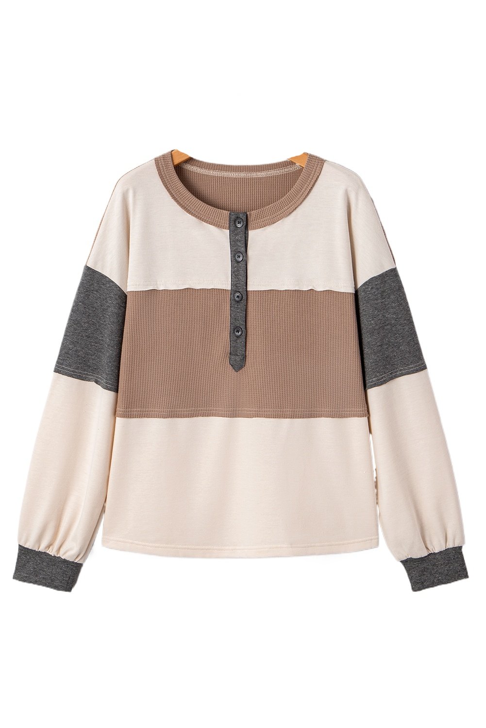 Women's Jet Stream Color Block Waffled Patchwork Loose Henley Top - Main View