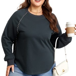 Women's Black Studded Ribbed Edge Jumper – Casual Plus Size Fall Staple - Main View