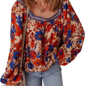 Multicolour Floral Print Square Neck Backless Loose Fit Blouse for Women - Main View
