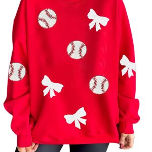 Women's Red Sequin Baseball Bow Pullover Sweatshirt - Game Day Style - Main View