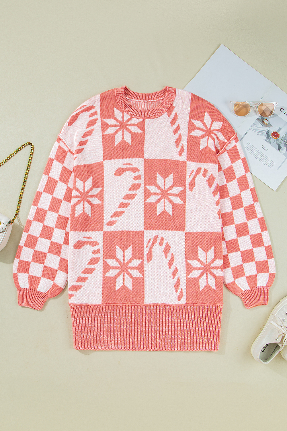 Festive Round Neck Shift Sweater with Colorblock Design - Ideal for Fall & Autumn - Detail View 3