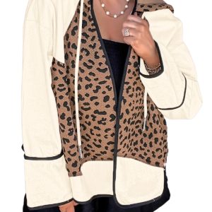 Women's Brown Leopard Star Hooded Jacket – Casual Contrast Piping for Autumn Days - Main View