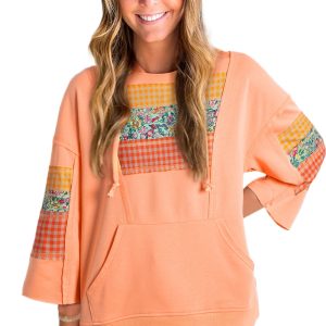 Grapefruit Orange Plaid Floral Patchwork Hooded Long Sleeve Top with Kangaroo Pocket - Main View