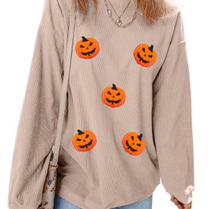 Casual Apricot Twisted Rib Chenille Sweatshirt with Halloween Pumpkin Patch - Drop Shoulder Design - Main View